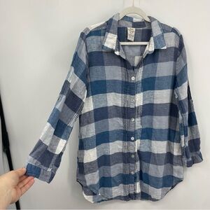 Match Point Crinckled Gauze Check Button Front Tunic blue White Top Sz M pintuck